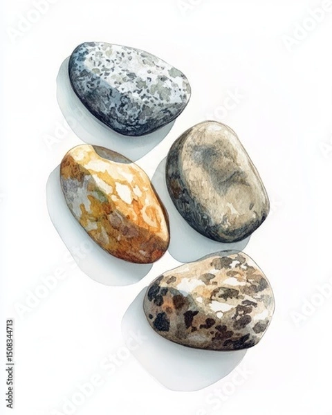 Fototapeta Gouache River Pebbles: Five Smooth Stones on White Background