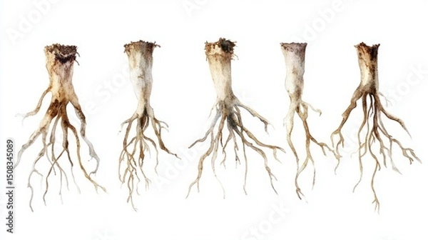 Fototapeta Watercolor Gnarled Roots: Five Small Roots on White Surface
