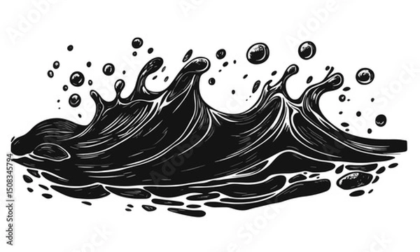 Fototapeta Liquid elements of water and drops on transparent background, linocut style vector, drawing, cartoon style.