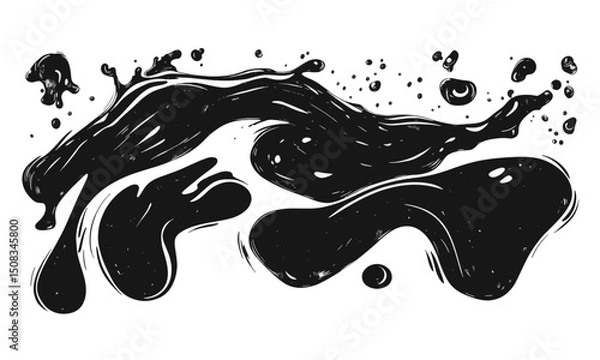 Fototapeta Liquid elements of water and drops on transparent background, linocut style vector, drawing, cartoon style.