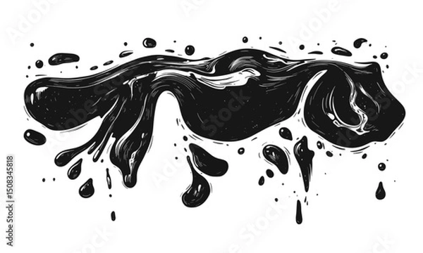 Fototapeta Liquid elements of water and drops on transparent background, linocut style vector, drawing, cartoon style.