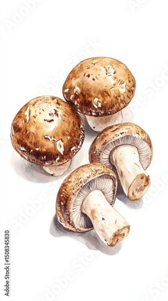 Fototapeta Gouache Shiitake Mushrooms: Four Whole Fungi on White Surface