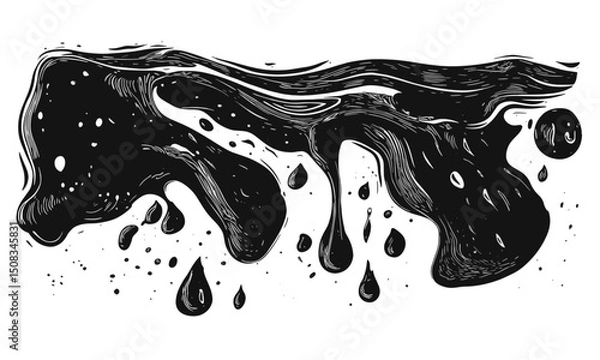 Fototapeta Liquid elements of water and drops on transparent background, linocut style vector, drawing, cartoon style.