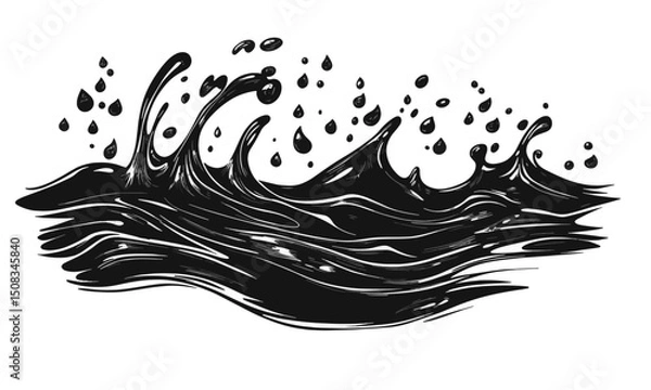 Fototapeta Liquid elements of water and drops on transparent background, linocut style vector, drawing, cartoon style.