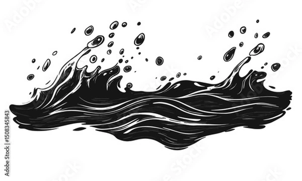 Fototapeta Liquid elements of water and drops on transparent background, linocut style vector, drawing, cartoon style.