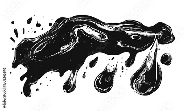 Fototapeta Liquid elements of water and drops on transparent background, linocut style vector, drawing, cartoon style.