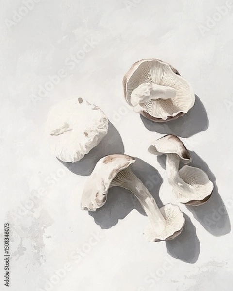 Fototapeta Gouache Porcini Mushrooms: Six Small Fungi on White Background