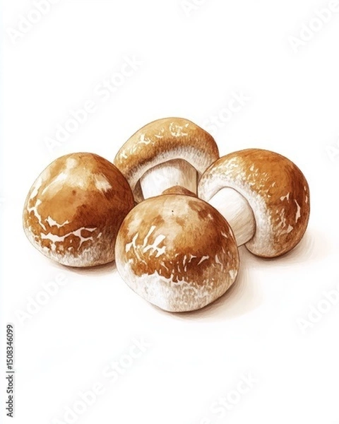 Fototapeta Gouache Porcini Mushrooms: Six Small Fungi on White Background