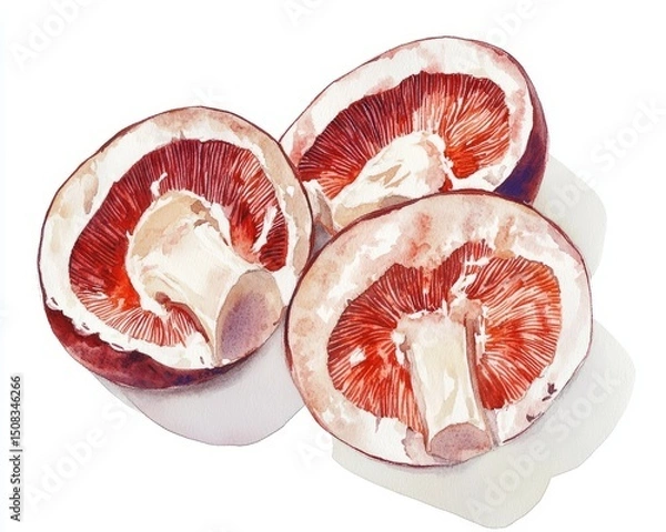 Fototapeta Watercolor Sliced Mushrooms: Four Cross-Sections on White