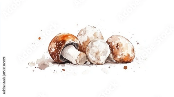 Fototapeta Watercolor Edible Mushrooms: Four Types on Clean White Surface