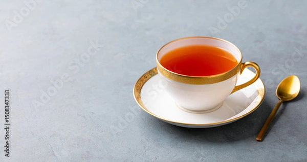 Fototapeta Tea in white cup with gold rim. Grey background. Close up. Copy space.