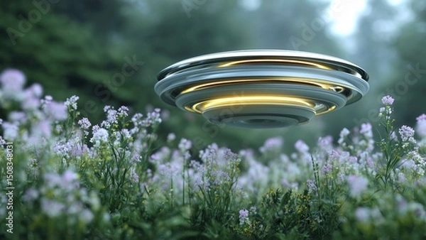 Fototapeta Glowing spaceship hovering above vibrant wildflowers in a serene forest clearing, exploring the mysteries of nature and searching for signs of life on a foggy morning