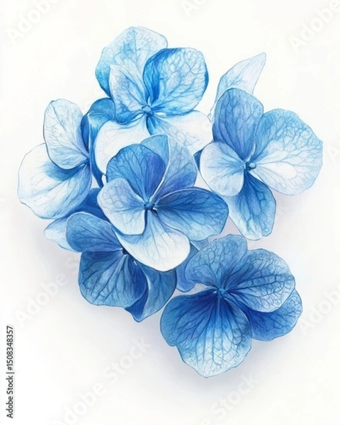 Fototapeta Gouache Painting: Six Blue Hydrangea Florets on White Surface
