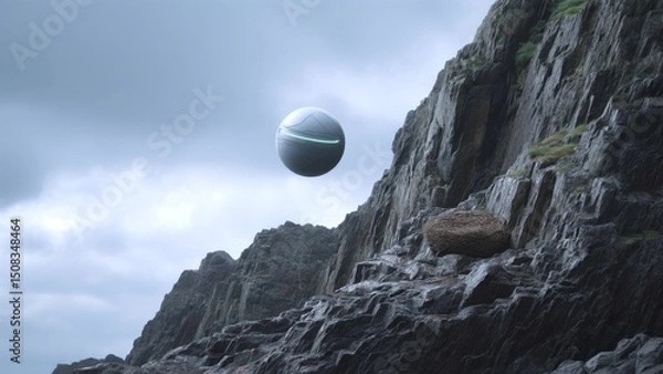 Fototapeta Luminous spherical spacecraft floating above jagged rocky terrain, emitting ethereal radiance across barren landscape beneath turbulent, dark cloudscape
