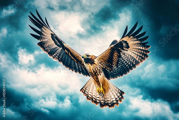 Fototapeta Soaring hawk with wings spread wide against a dramatic sky at golden hour