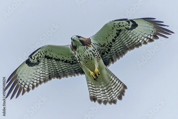 Fototapeta Soaring hawk with wide wings flying against a clear sky during daylight