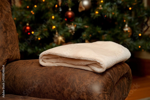Fototapeta Cozy armchair adorned with a soft blanket near a beautifully decorated Christmas tree