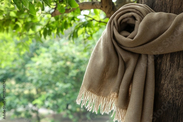 Fototapeta Soft cotton scarf dances in the wind under a leafy tree on a breezy day in nature