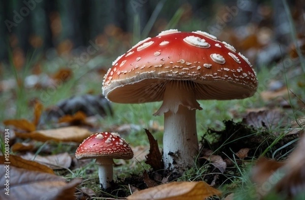 Obraz vivid red mushroom with white spots in a natural forest setting
