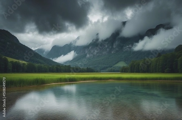 Obraz majestic mountain landscape with reflection in a calm lake under moody skies