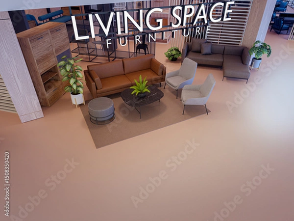 Fototapeta Sofas and chairs in living space. 3d rendering of furniture store.