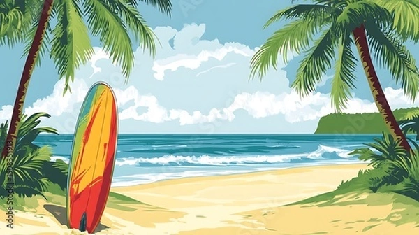 Obraz Colorful beach scene with a surfboard.