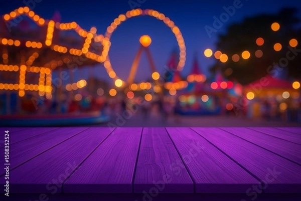 Fototapeta Purple Wooden Tabletop Night Fair Ferris Wheel Carnival Background Festive Lights Amusement Park Blurred Bokeh Magical Atmosphere Dreamy Scene Summer Fun Entertainment Fairground dark rides games     