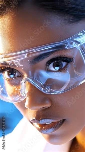 Fototapeta Young female scientist wearing protective glasses, conducting precise research in high tech laboratory, examining scientific experiment with concentrated professional approach