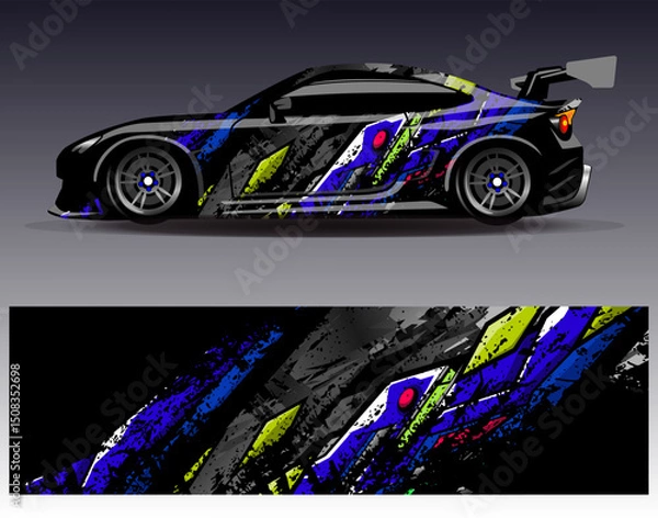 Obraz Car wrap design vector. Graphic abstract stripe racing background designs for vehicle, rally, race, adventure and car racing livery