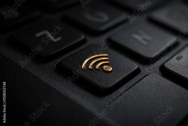 Fototapeta Golden wifi symbol shining on a black keyboard key