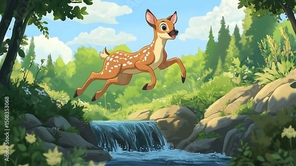 Obraz A leaping fawn in a lush forest scene beside a small waterfall.