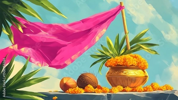 Obraz Vibrant depiction of a floral offering with a pink cloth.