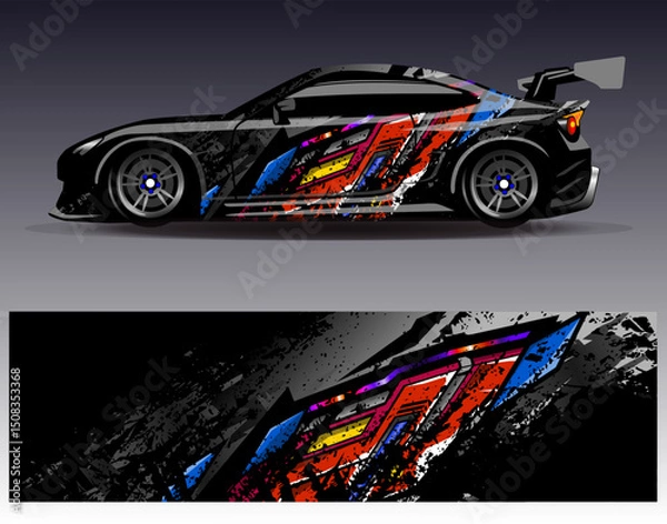 Obraz Car wrap design vector. Graphic abstract stripe racing background designs for vehicle, rally, race, adventure and car racing livery