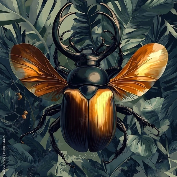 Obraz Detailed illustration of a beetle with elaborate wings and antennae.