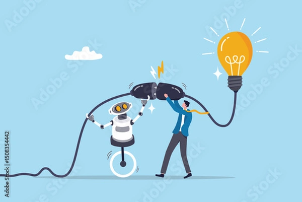 Obraz AI Artificial Intelligence support to business success, innovation or technology to get new idea, robot or automation for business concept, businessman plug in lightbulb with robot to work together.