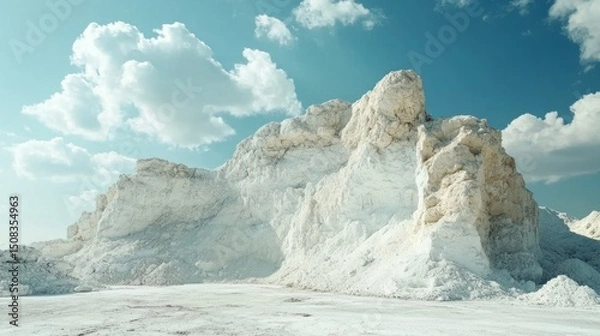 Obraz Large-scale gypsum mining occurs in an open-pit site, highlighting the distinctive appearance of the raw gypsum material against a clear sky. Heavy equipment is used in the extraction process