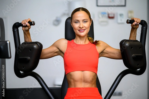 Fototapeta Athletic woman working out arms on exercise machine in gym