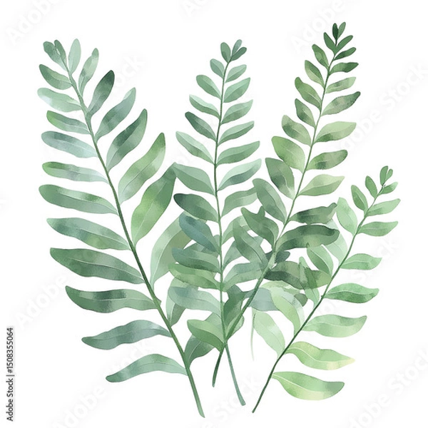 Fototapeta Watercolor fern fronds illustration green botanical foliage design element for graphic and web projects on transparent background