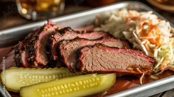 Fototapeta Juicy barbecue brisket with pickles and coleslaw on metal tray