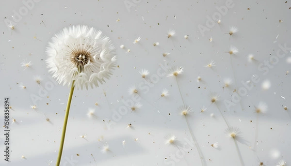 Fototapeta Floating dandelion seeds on a clean white canvas reflect loss and comfort, making it ideal for sympathy messages and condolence imagery.
