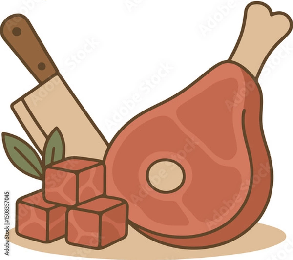 Obraz Delicious Cuts of Meat Butcher Knife, Prime Rib Roast, and Diced Steaks