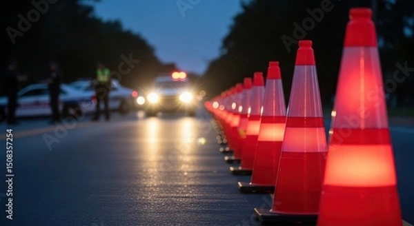 Fototapeta Traffic control at night with illuminated orange cones and police presence