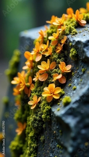 Fototapeta Vibrant orange, green lichen on grey stone Close-up, textured surface , damp, moss