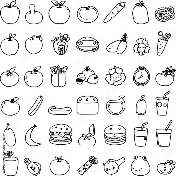 Obraz "Hand-Drawn Food Icon Set – Simple Doodle Style Illustrations for Menus, Packaging, and Fun Culinary-Themed Designs"
