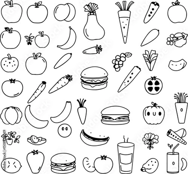Obraz "Hand-Drawn Food Icon Set – Simple Doodle Style Illustrations for Menus, Packaging, and Fun Culinary-Themed Designs"