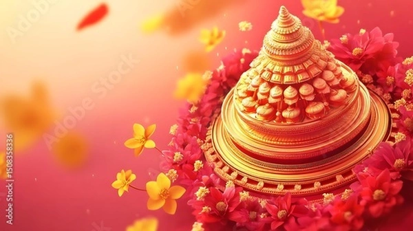Obraz Ornate gold design encircled by flowers.