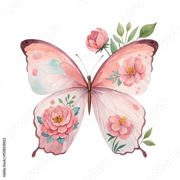 Fototapeta Transparent Butterfly Floral Clipart – Watercolor Nature Elements with Transparent Background