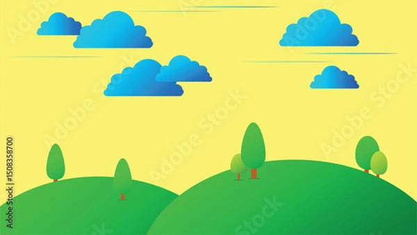 Obraz background landscape with clouds, green field, trees, and sky vector illustration