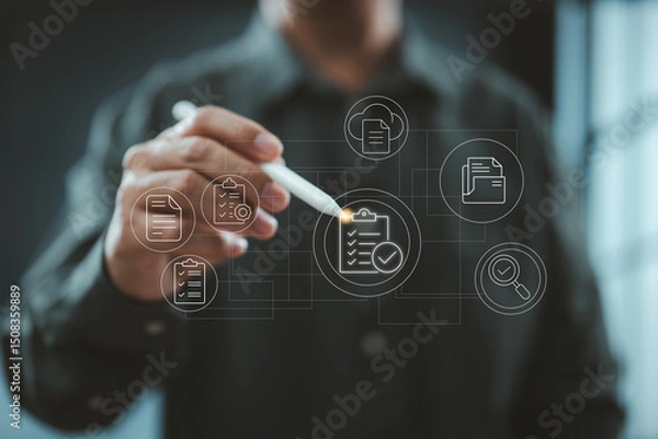 Obraz Touchscreen interaction with checklist and document icons for digital task management.