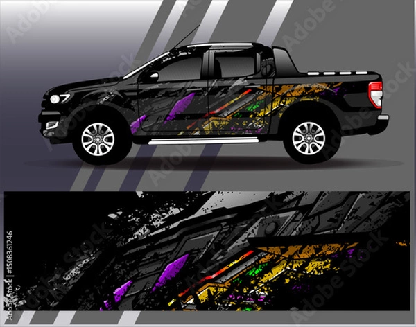 Obraz Car wrap design vector. Graphic abstract stripe racing background designs for vehicle, rally, race, adventure and car racing livery